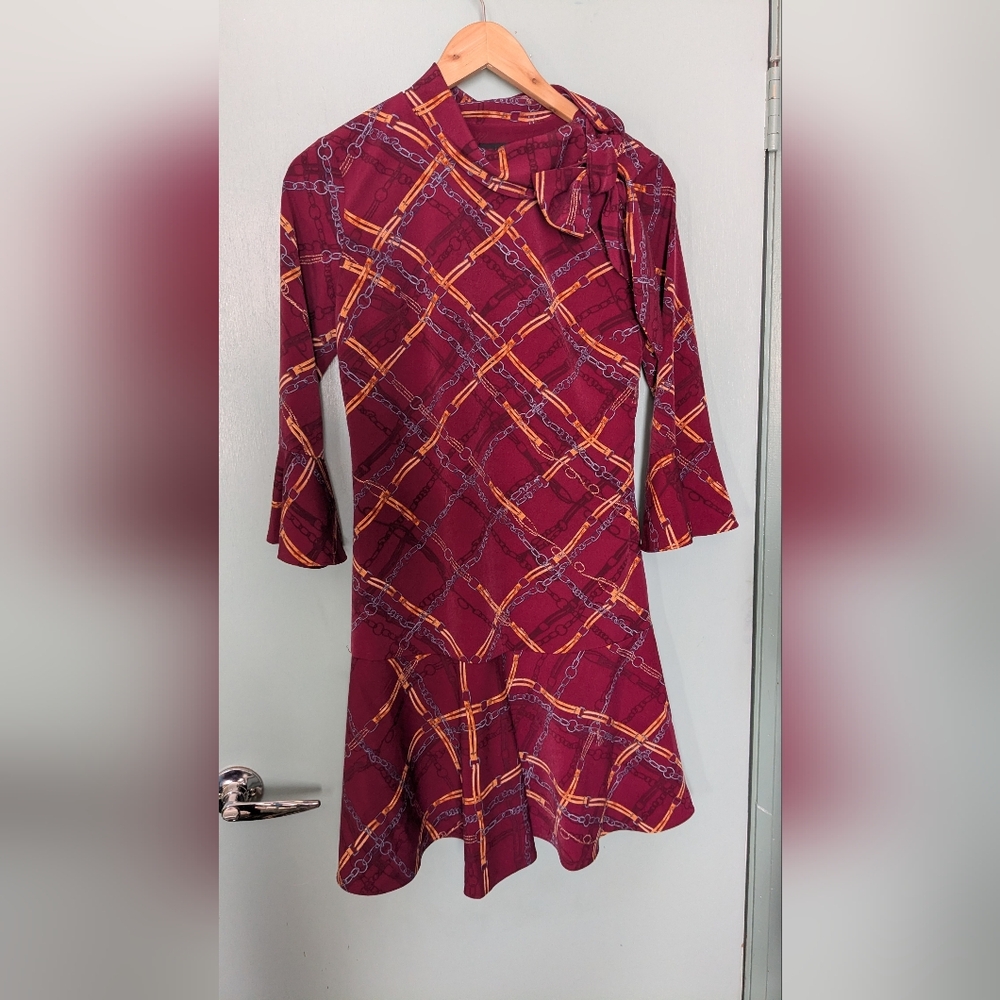 Karl Lagerfeld Paris Chain Print Tie-Neck Dress Bell Sleeve Drop Waist 2